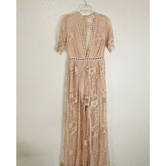 Show Po Love Spell Maxi Dress Blush Lace Overlay Embroidered Short Sleeve Sz 4 - Picture 6 of 16